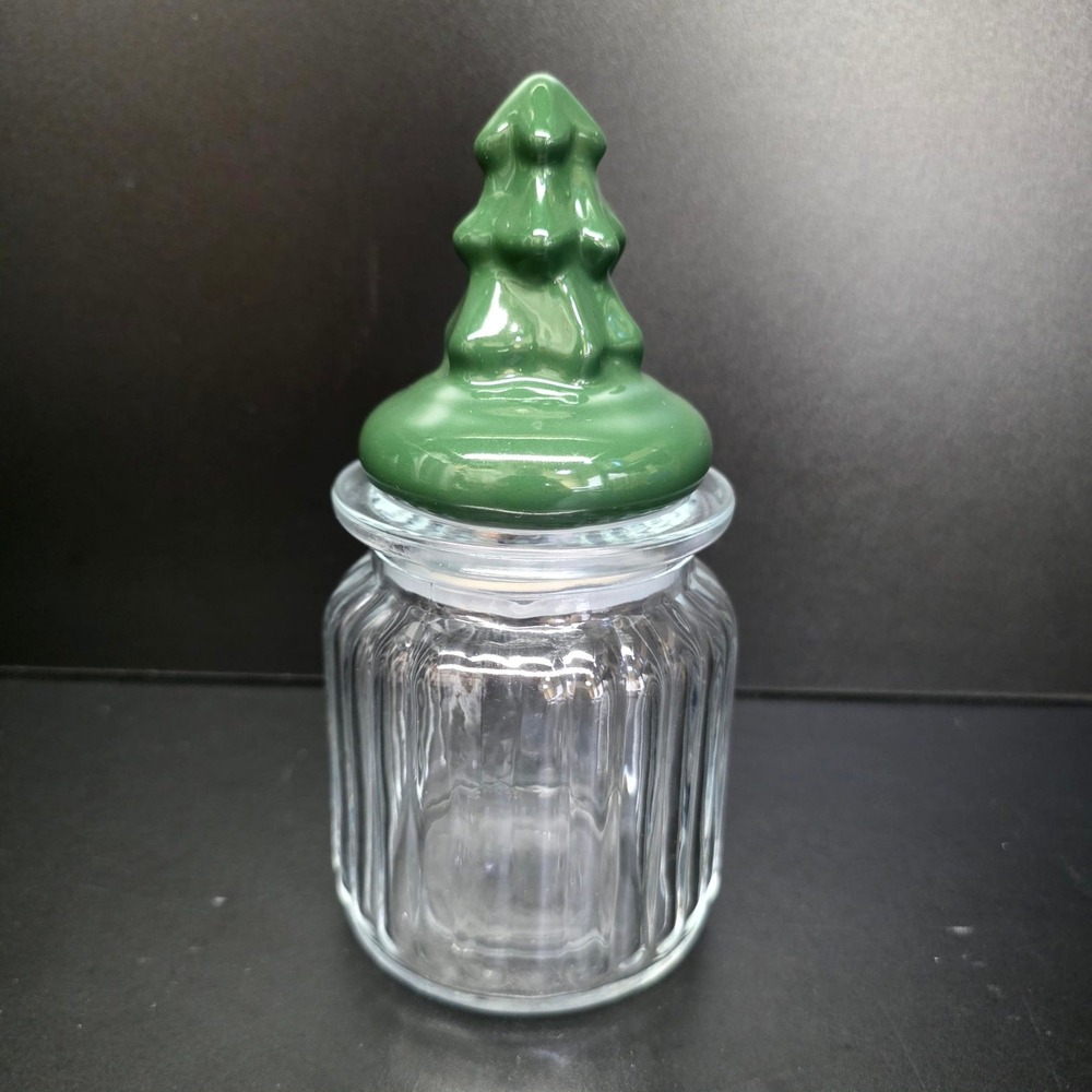 Glass Jar Green Christmas Tree Lid Ribbed Clear Small Holiday Candy Dish Storage